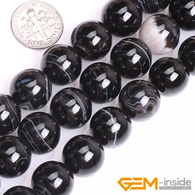 6mm-18mm Natural Black Stripe Agate Gemstone Spacer Loose Round Beads 15"Bulk AU