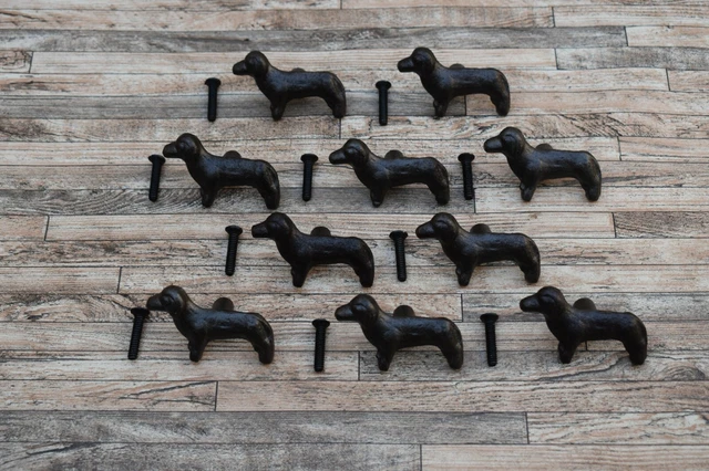 10Pcs Vtg Cast Iron Dog Puppy Shape Door Gate Drawer Cabinet Pulls Knobs Handle