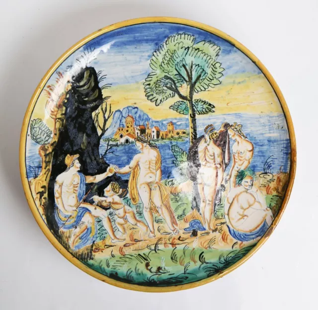 Fayence Teller, griechische Mythologie Pan und Helena, 28 cm Italien, Handarbeit