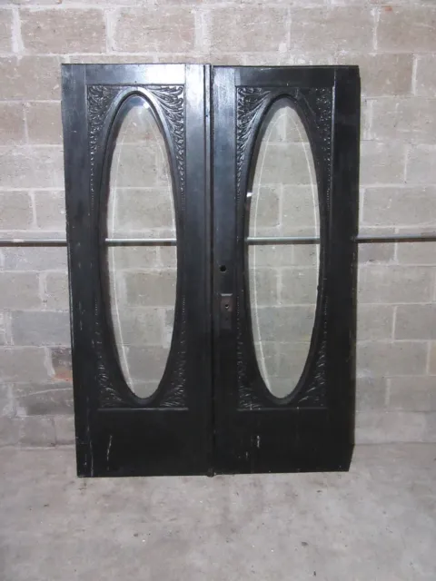 ~ Antique Carved Oak Double Entrance French Doors Oval Beveled Glass ~ Salvage