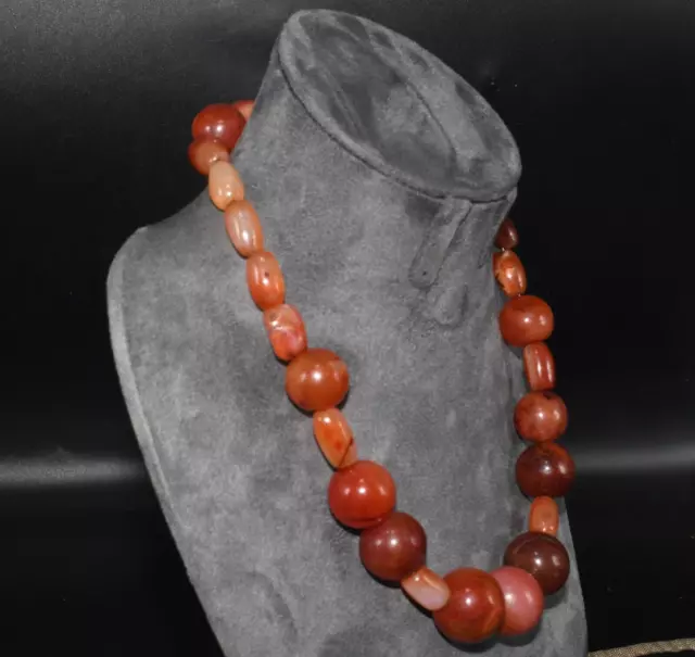 Ancient Old Middle eastern Carnelian Stone Bead Necklace with Silver Clasp