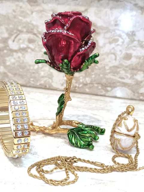 Valentine WIFE gift Imperial Faberge egg ring box +Necklace+bracelet 24k Gold HM