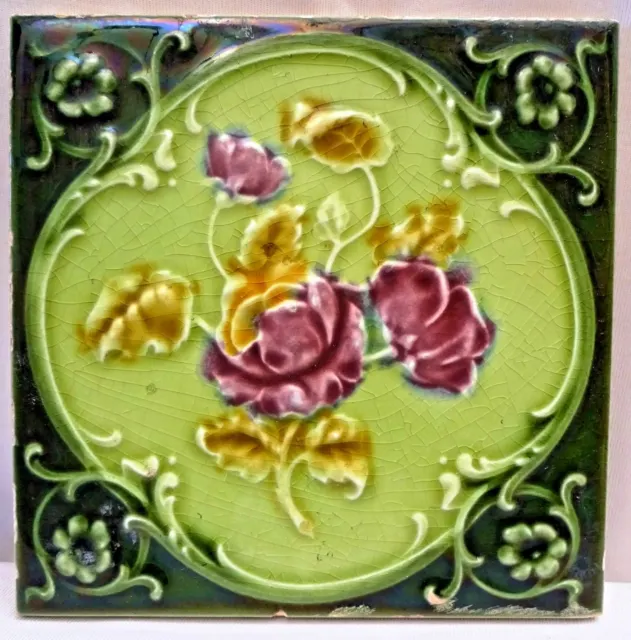 Tile Majolica Art Nouveau England Porcelain Rose Purple Architecture Collect#116