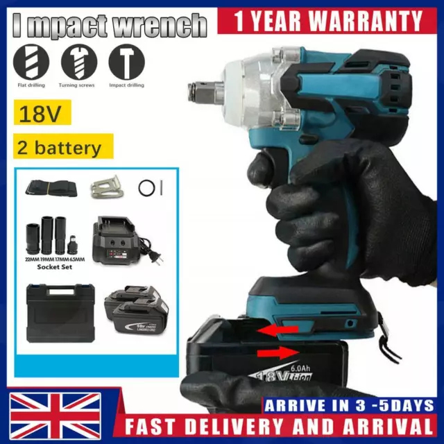 18V 1/2" Driver 520N.m Cordless Impact Wrench Brushless+2 Battery Socket Sets UK