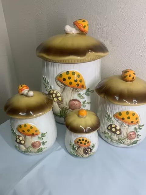 Vintage Sears & Roebuck Co Merry Mushroom 4 Piece Canister Set Japan 1978