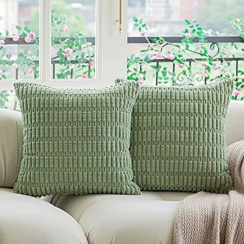 Soft Corduroy Boho Striped Pillow Covers Farmhouse Decor 16x16 Sage Green