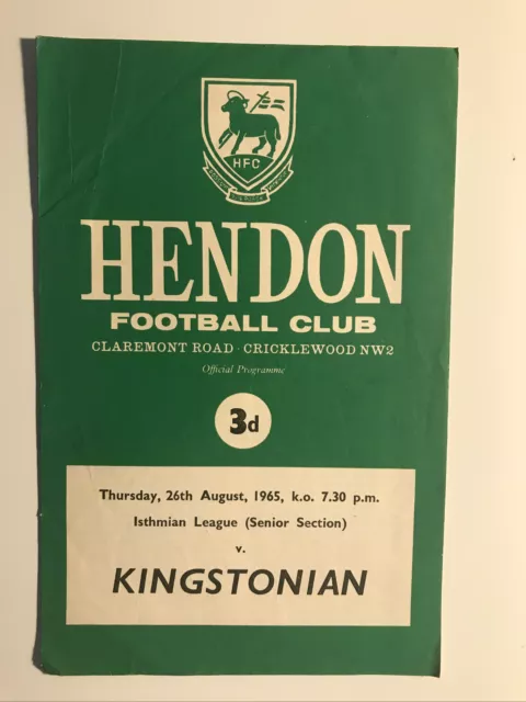 Hendon v Kingstonian programme Non League Isthmian League 26/08 1965