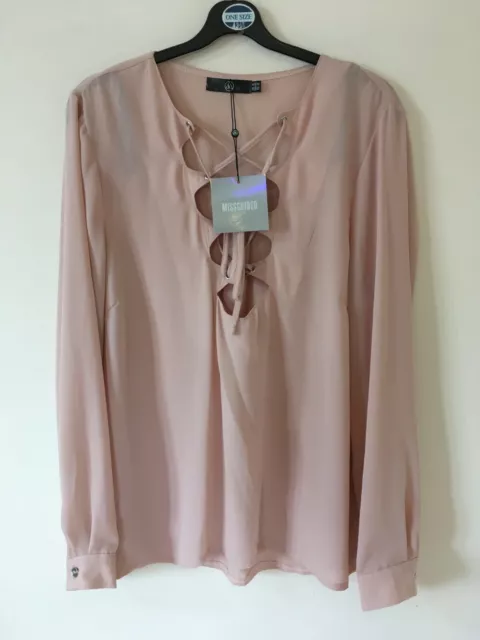 Missguided Pale Pink Scallop Lattice Long Sleeve Blouse, Size 16, BNWT