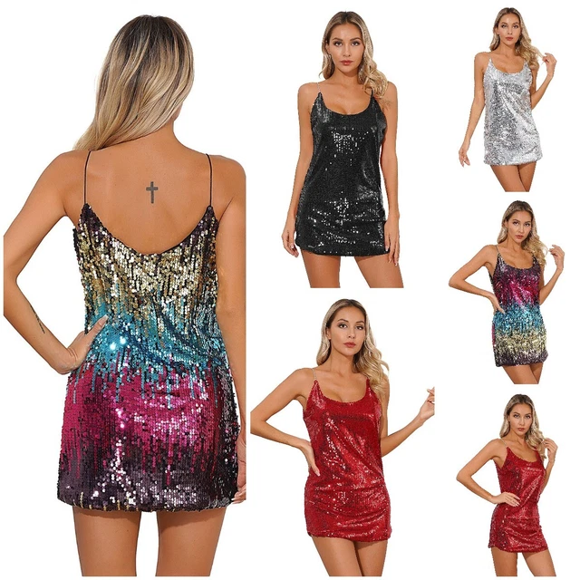 Womens Sparkly Glitter Sequins Shiny Dress Prom Costumes Samba Mini Latin Club