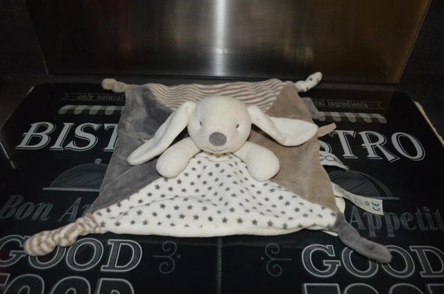 Doudou Plat Lapin Okaidi Obaibi Gris Marron Blanc Rayures Etoiles Grises Tbe