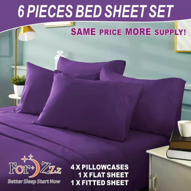 Perca 2200TC 6 Piece Flat Fitted Pillowcase Sheet Set Single/KS/D/Queen/King Bed