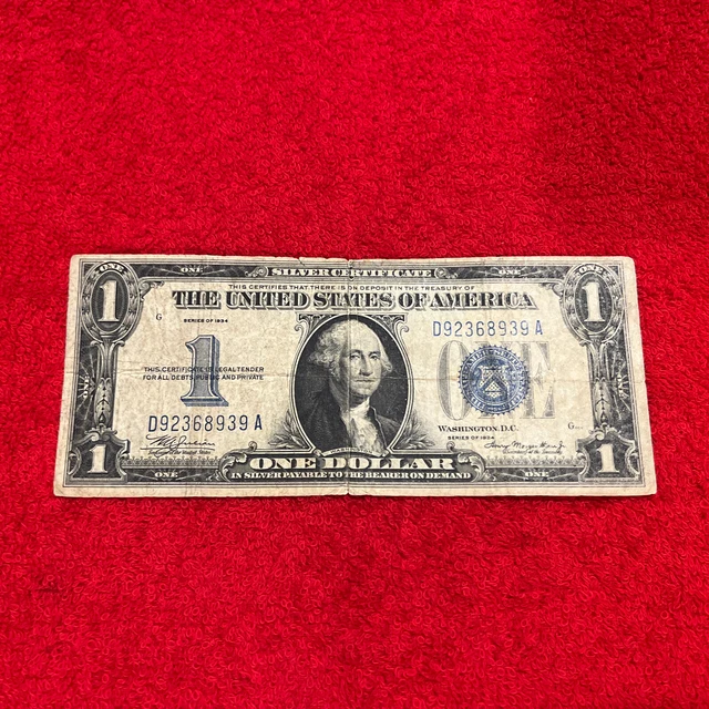 1934 One Dollar Bill • Silver Certificate Note • Funny Back • D92368939A
