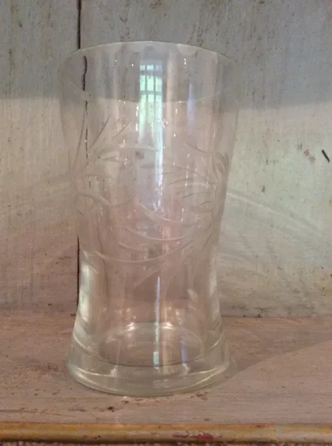 Vintage Clear Hand Blown Vase Floral Etched Design 15.5cm Tall 10cm Dia