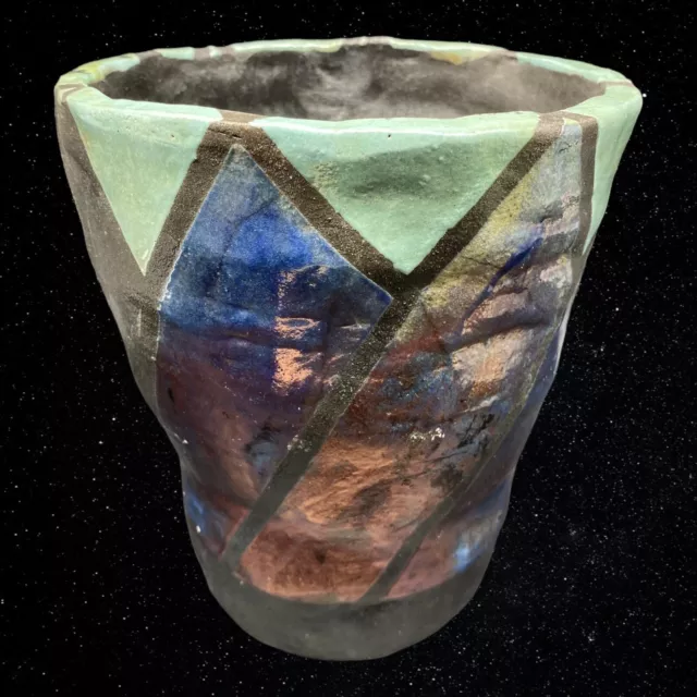 Vintage Raku Art Pottery Teal Metal Glazed Iridescent Planter Vase Sign 7”T 6”W