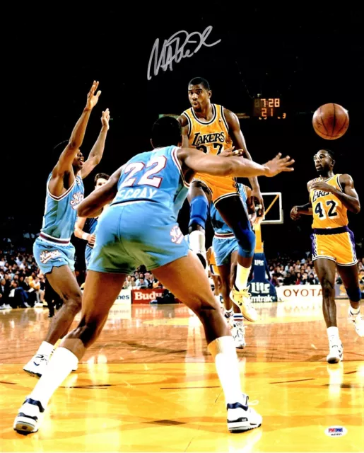 Magic Johnson Signed LA Lakers 16x20 inch Photo HOF  + WITNESSED PSA/DNA