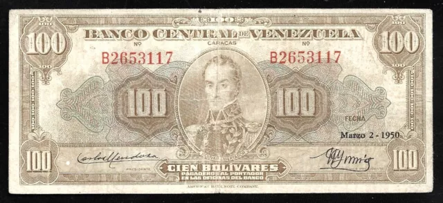 World Paper Money - Venezuela 100 Bolivares 1950 P34a @ VF