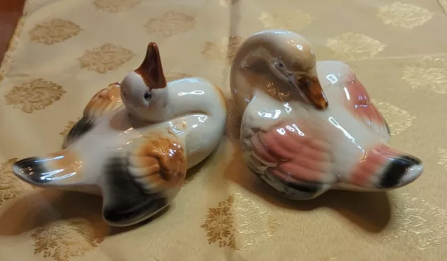 TWO VINTAGE GLAZED PORCELAIN DUCK GOOSE SWAN Figurine Made Brazil