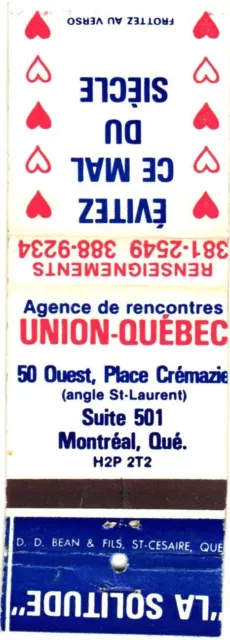Montreal Quebec Canada Union-Quebec Dating Agencies Vintage Matchbook Cover