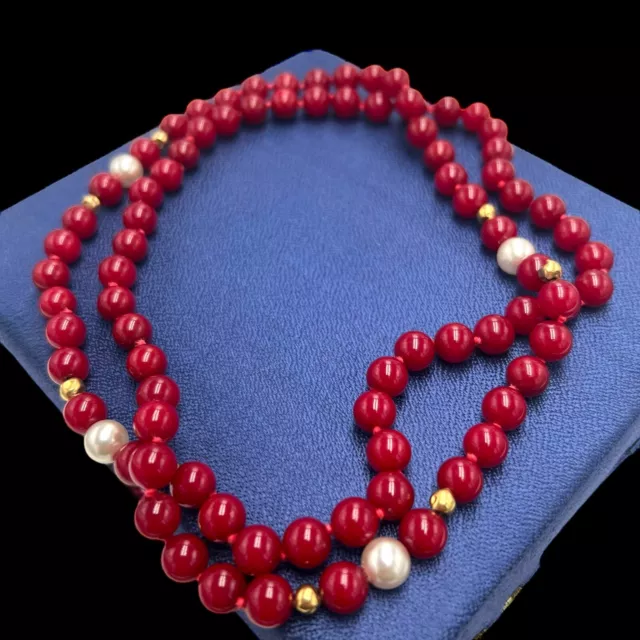 Antique Vintage Deco 14k Gold Chinese Red Jadeite Jade Faux Pearl Necklace 66.3g
