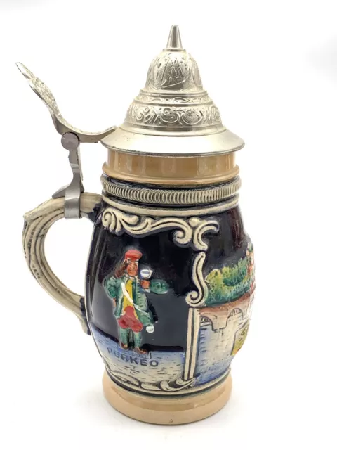 Vintage Barrel-Shaped Hand-Painted Beer Stein Pewter Lid W. Germany Heidelberg