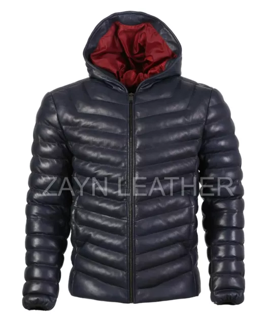 Men Bubble Puffer Leather Jacket with Hoody Genuine Lambskin Padded Black jacket