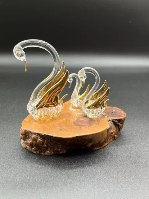 Beautiful Clear Glass with Gold Trim Hand Blown Swans No Chips Or Cracks