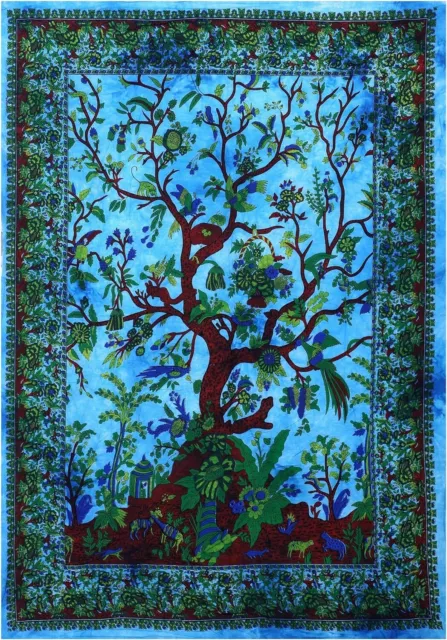 Indian Wall Tapestry Poster Hanging Blue Tree of Life Decor Cotton Hippie Art