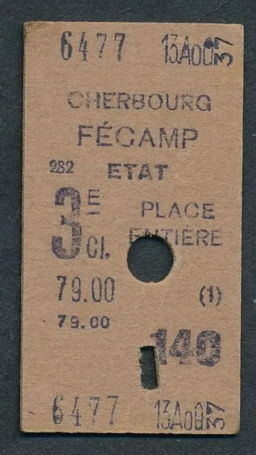 FRANCE Railway ticket ETAT 3rd cl Cherbourg - Fecamp 1937 QY7239