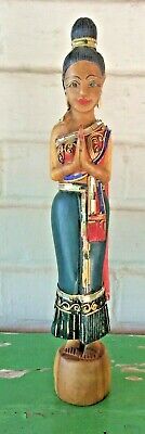 Vintage Hand Carved Wooden Statue Indian Woman In Saree Approximately 19 3/4"