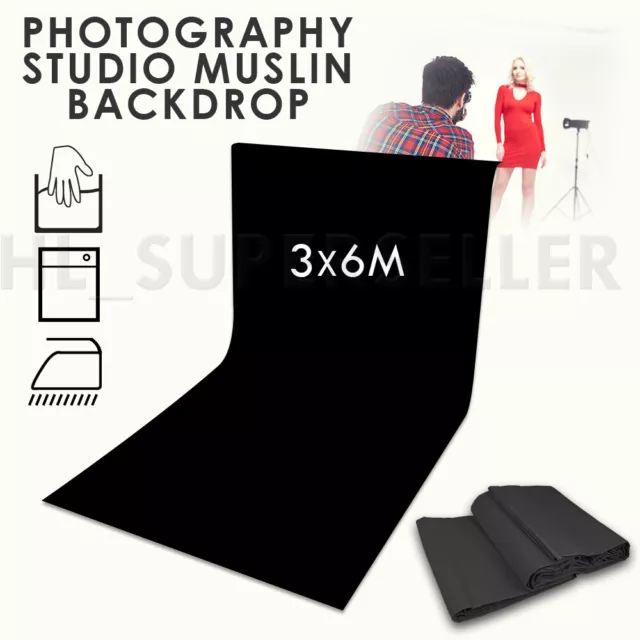 3X6M Photoshoot Black Muslin Backdrop Curtain Screen Durable Studio Background