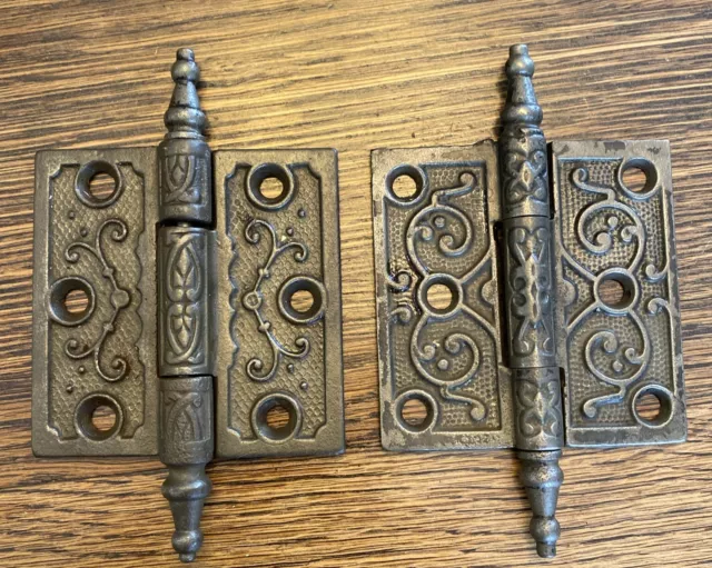 Antique Vintage Eastlake Victorian Cast Iron Ornate Steeple Hinges 3" x 3"