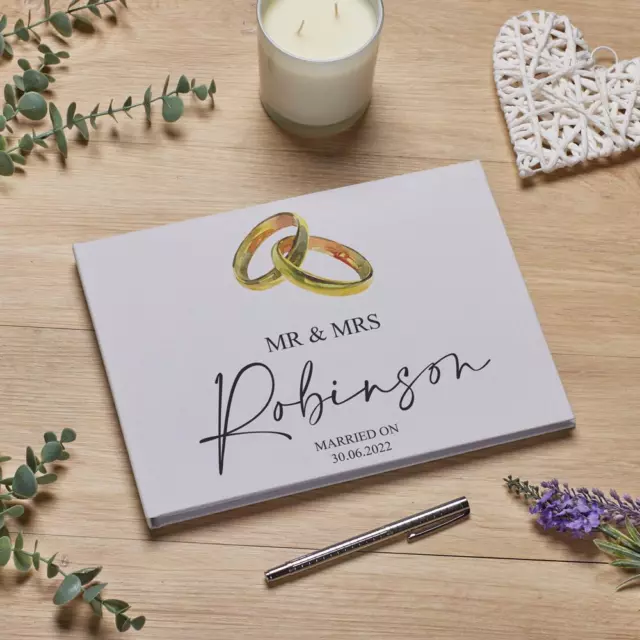 Libro de invitados de lino de boda grande A4 personalizado con diseño de anillo de oro LLGB-46