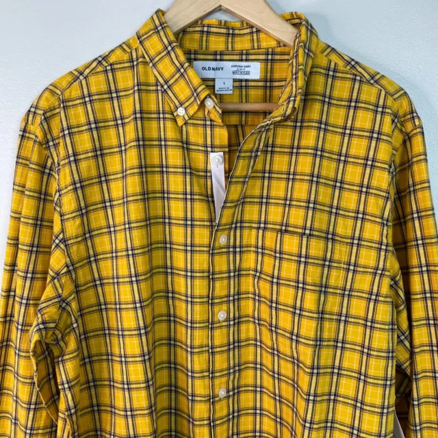 Old Navy Shirt Large Yellow Navy Blue Plaid Stretch Button-Front Slim Fit NWT 2