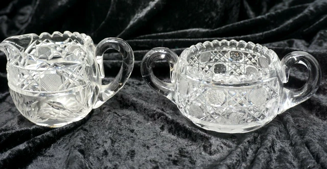 Vintage American Brilliant Deep Cut Crystal Sawtooth Creamer Pitcher Sugar Bowl