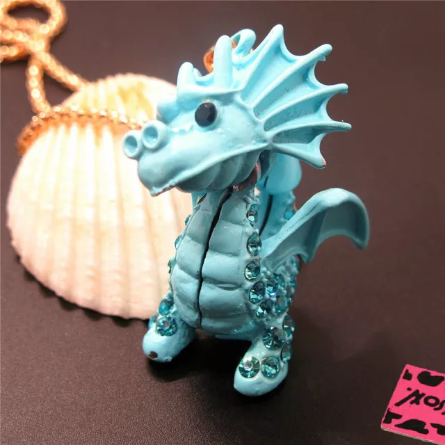 New Blue Enamel Cute Dragon Holiday gifts Crystal Pendant Chain Necklace