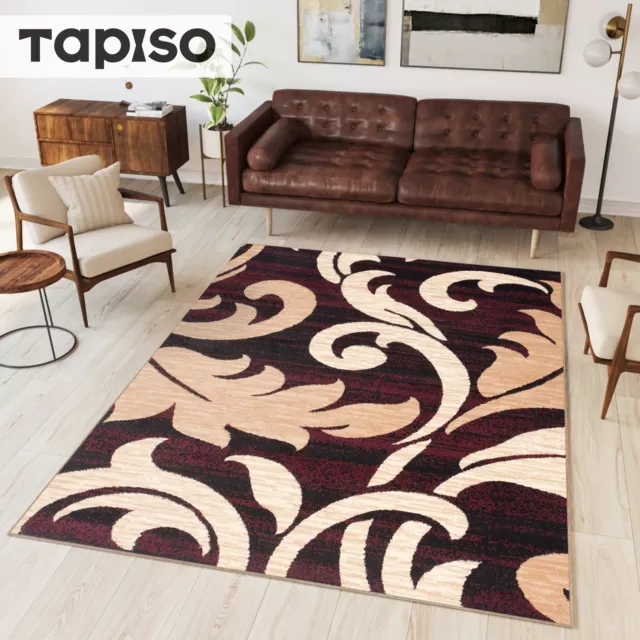 Tapis Moderne Motif Floral Feuilles Poil Ras Marron Rouge Beige Salon Chambre