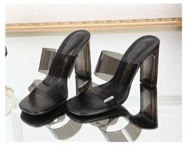 Sandales Sabot Chaussons Femme Talon 9 CM Noir Transparent Cuir Artificiel 76283