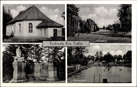 Ak Eschede in der Lüneburger Heide, Heideweg, Badeanstalt, Kirche,... - 10606357