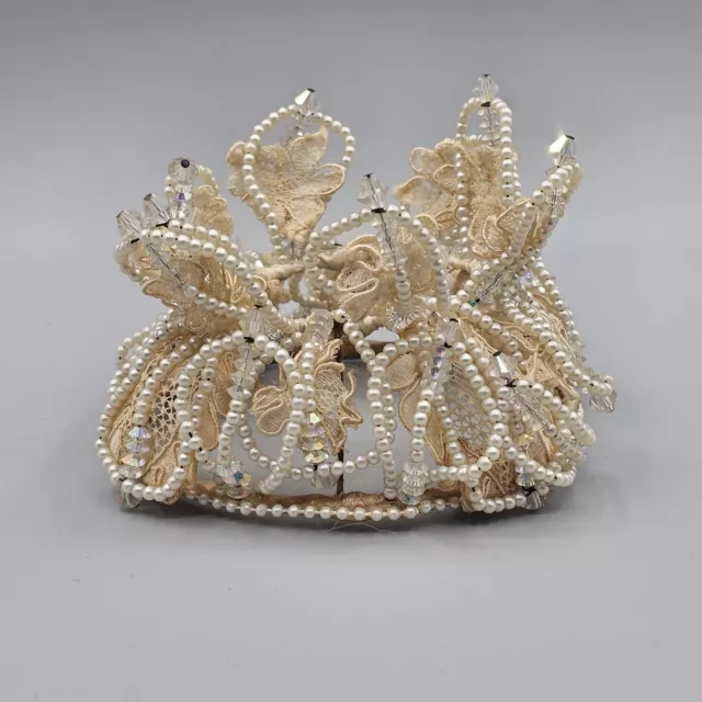 Vtg Lace Tiara Headpiece Bridal Beaded Aurora Borealis Crystal Imitation Pearl