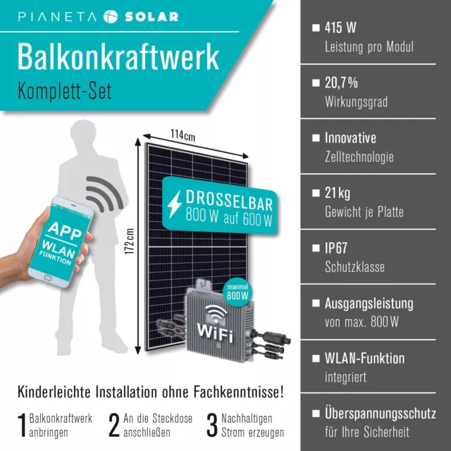 Balkonkraftwerk  830 W / 800W drosselbar auf 600W Steckerfertig mit  Wifi 2