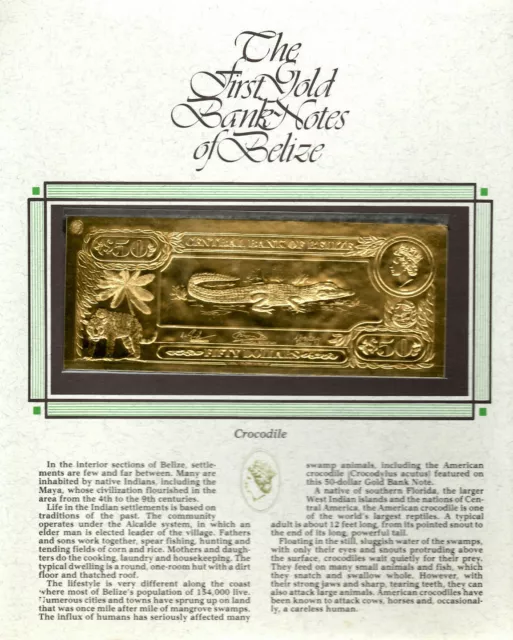 22kt Gold $50 Belize 1981 Banknote- Crocodile - RARE UNC