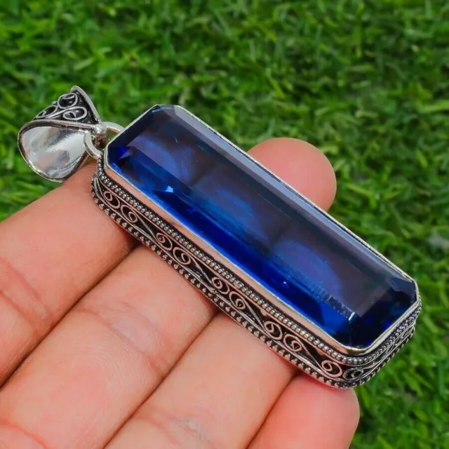 Blue Tanzanite Gemstone Handmade 925 Sterling Silver Jewelry BaguetteCut Pendant