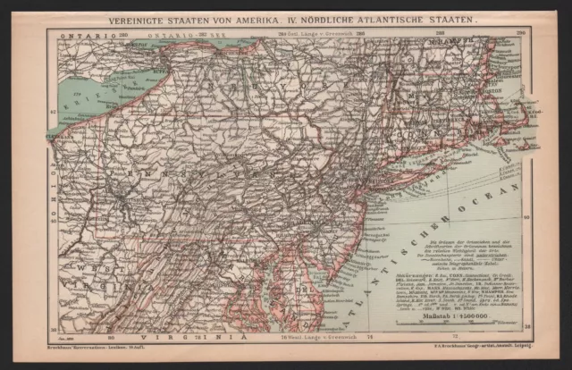 Landkarte map 1899: VEREINIGTE STAATEN VON AMERIKA, NÖRDLICHE ATLANTIK STAATEN