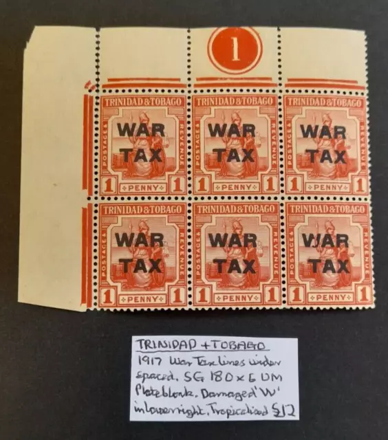 Trinidad & Tobago stamps 1917 Block of 6 SG180 War Tax lines under plate UM