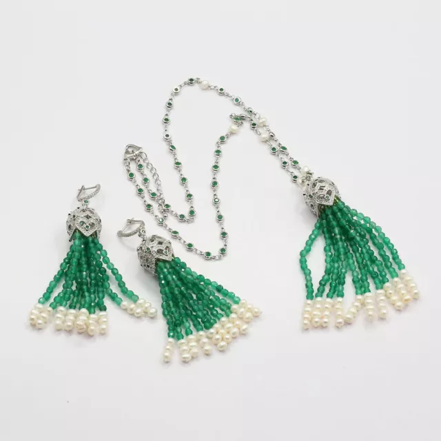 Green Agate White Pearl Pendant CZ Chain Necklace Earrings Sets Cute Style