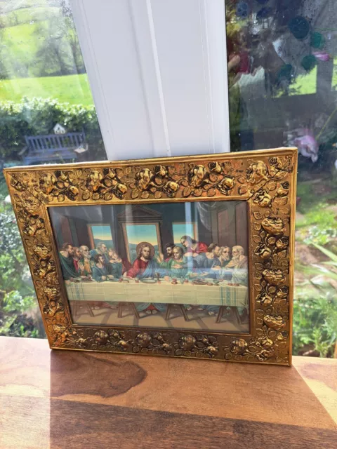 Vintage Jesus And The Last Supper Lithograph In Brass Ornate Frame Wood Back