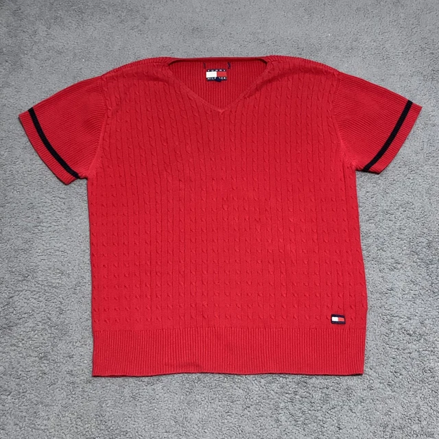 Maglione pullover Tommy Hilfiger lavorato a maglia collo a V ragazze XL manica corta rosso