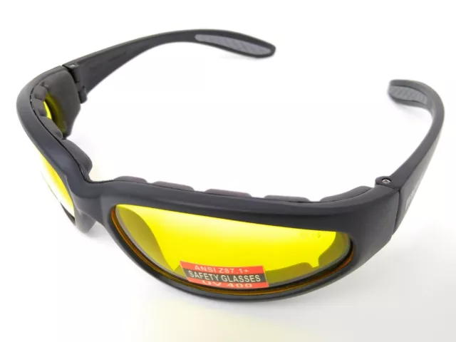 Yellow Tinted Padded Motorcycle Sunglasses/Unbreakable Biker Glasses + Pouch