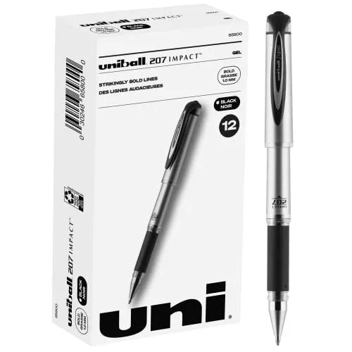 Uniball Signo 207 Impact Stick Gel Pen, 12 Black Pens, 1.0mm Bold Point Gel P...