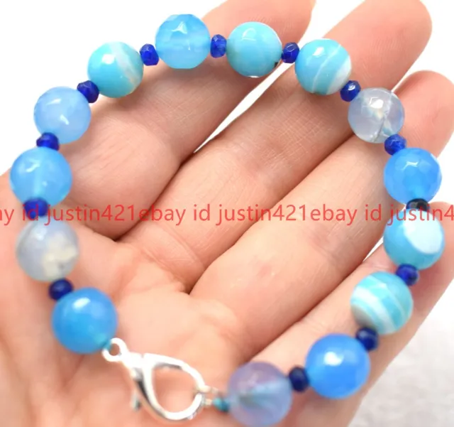 Faceted Natural 10mm Blue Striped Agate Onyx Round Gemstone Beads Bracelet 7.5"